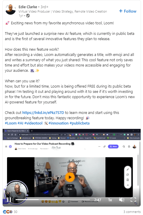 Edie Clark Loom LinkedIn post extended