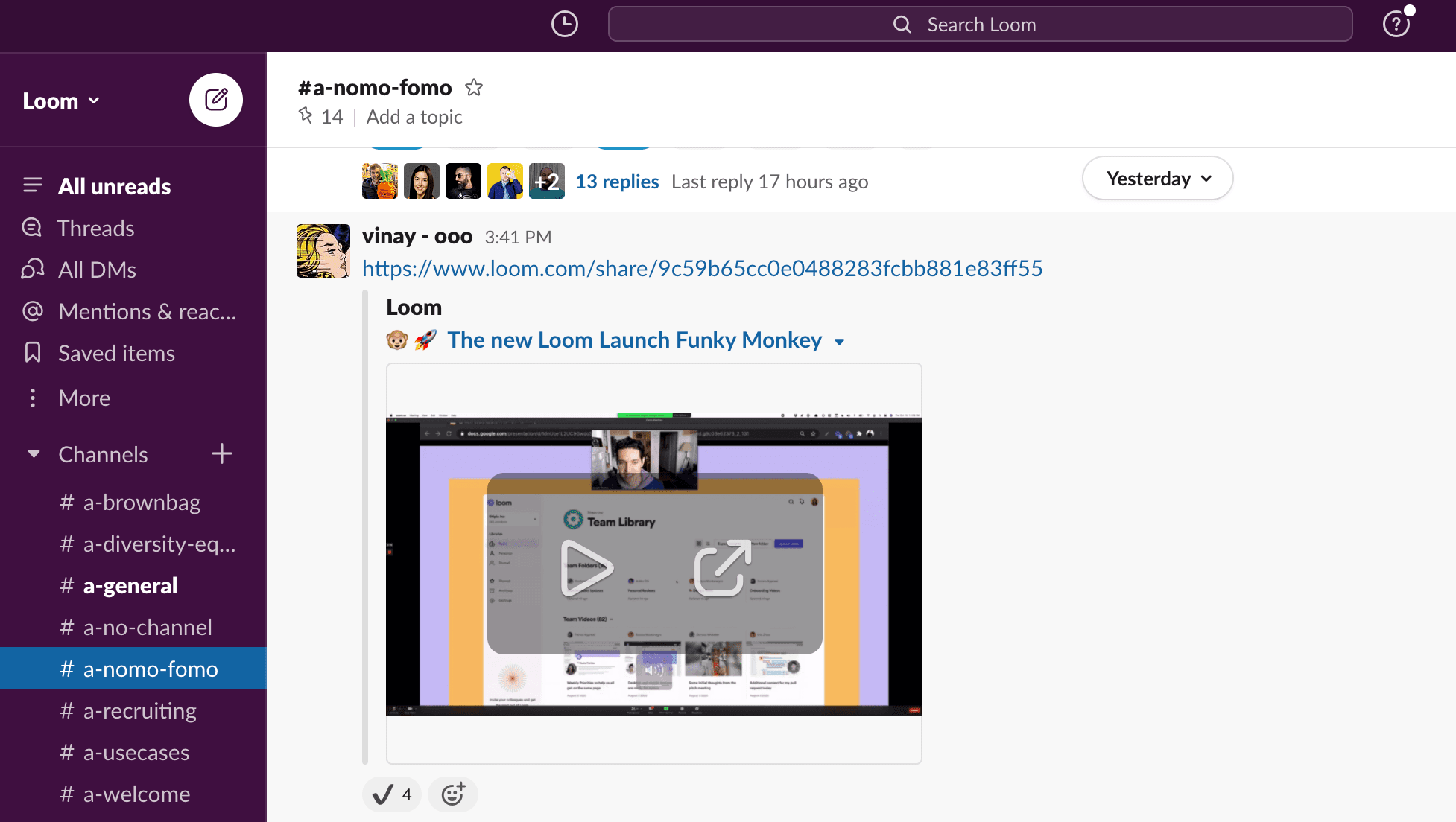 Screen shot Funky Monkey loom recording in Slack 