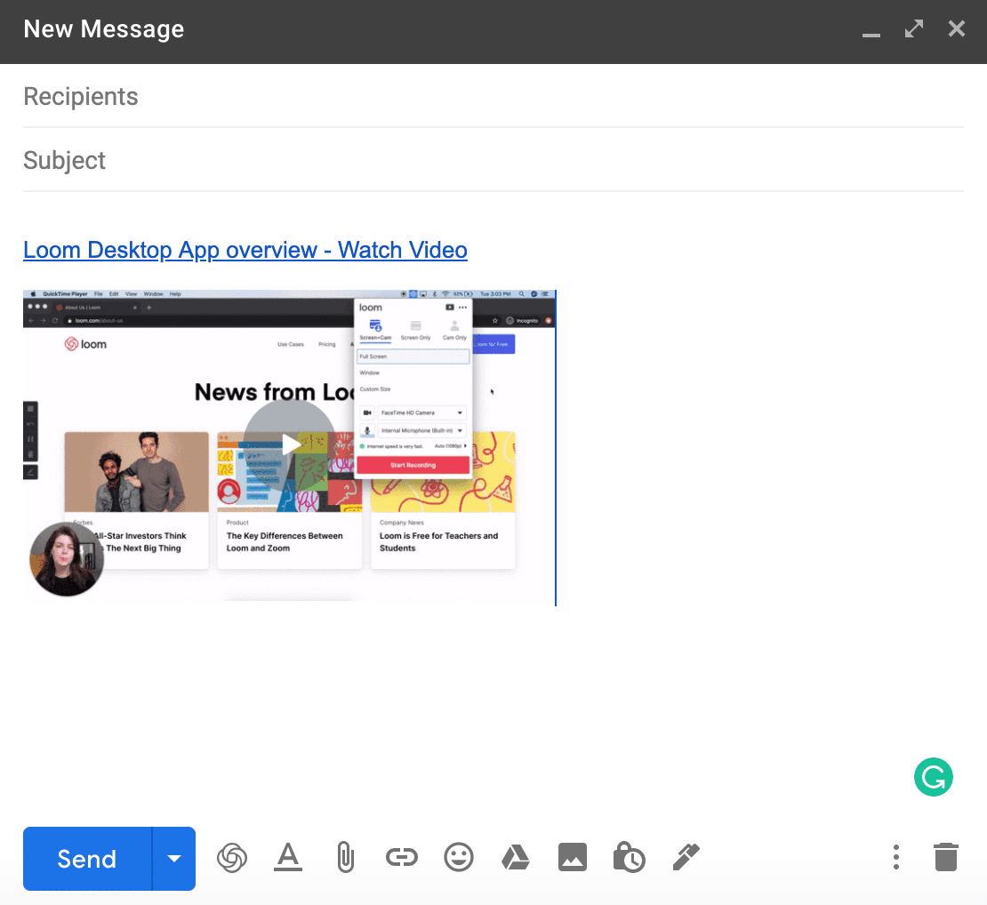 Screenshot of gmail embed of loom