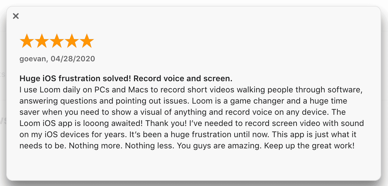 A screenshot of a Loom user review of the Loom for iOS app.