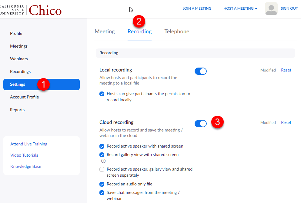 Zoom cloud recordings setting